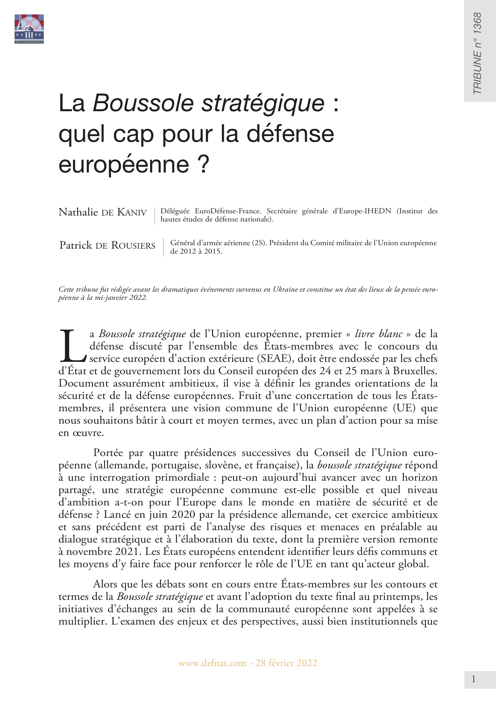 La Boussole stratégique : quel cap pour la défense européenne ? (T 1368)
